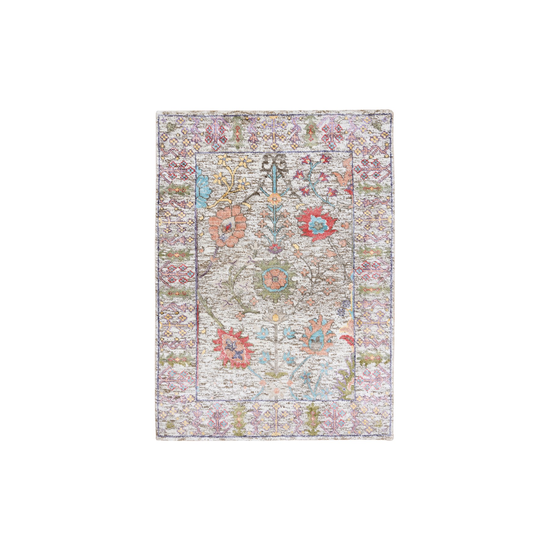 2'2"x3'1" Beige, Silk With Textured Wool, Hand Knotted, Directional Vase Design, Oriental, Mat Rug 